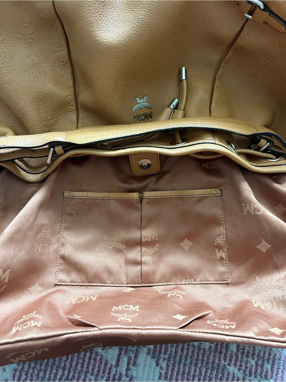 Authentic MCM Heritage Leather Drawstring Bucket Bag - Cognac Tan